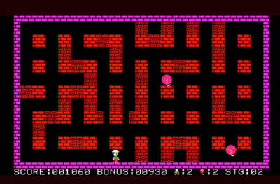 Bakudan Otoko (Bomberman 1983) gameplay screenshot: the white-suited protagonist navigates a magenta-walled maze of destructible blocks with pink Floater enemies; HUD shows SCORE 001060, BONUS 00930, 2 lives, 2 enemies, stage 02